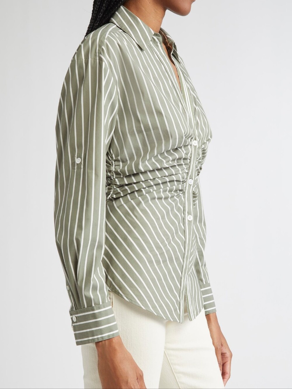 Veronica Beard Devra Stripe Ruched Cotton Blend Button-Up Shirt - Picture 5 of 8